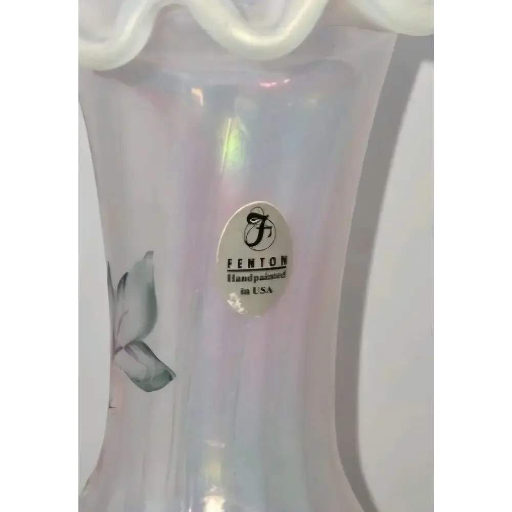 Vintage Fenton Hand-Painted Opalescent Ruffled Glass Floral Vase Signed